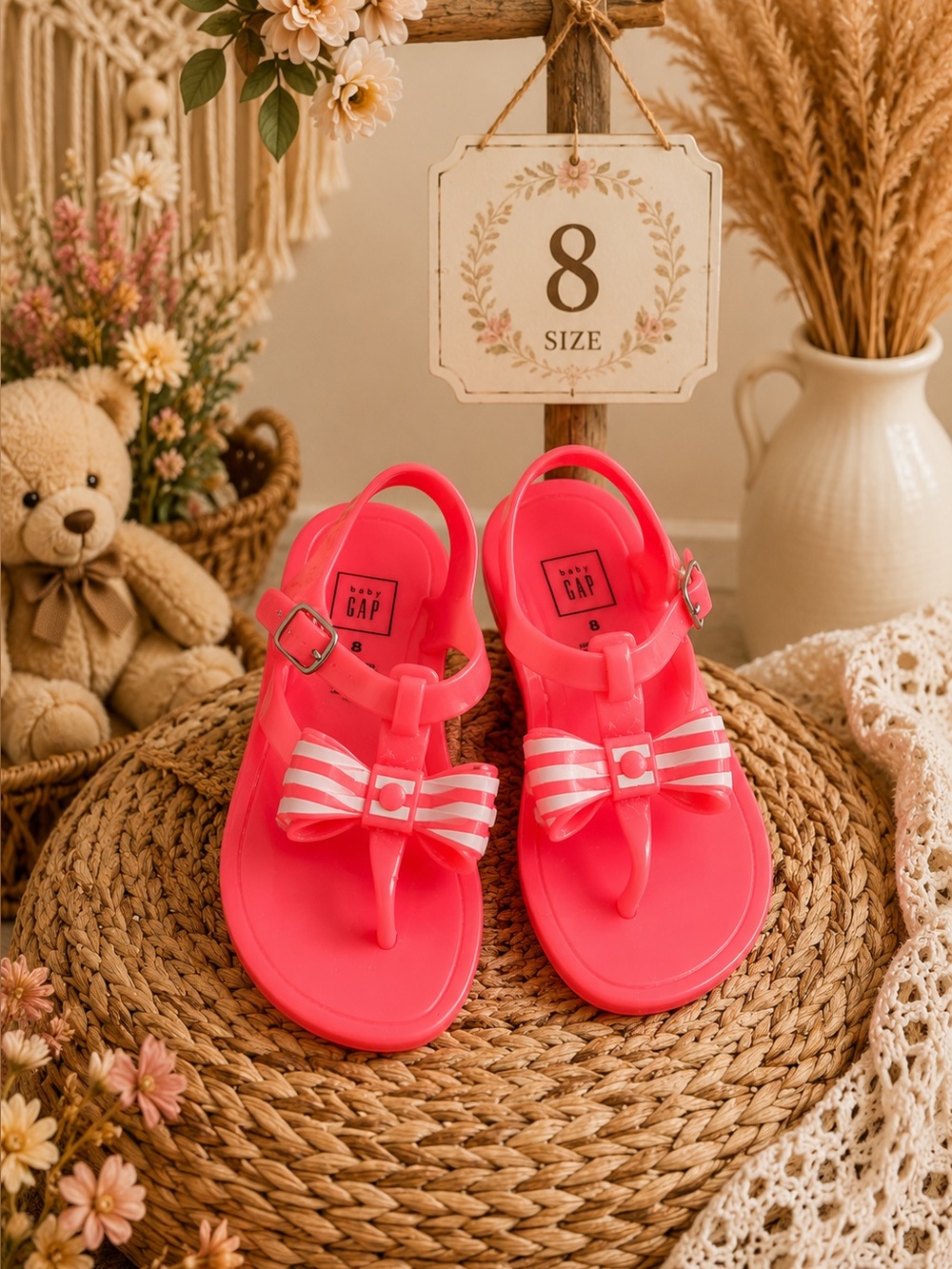 Gap Kids Neon Pink Jelly Sandals Size 8 Striped Bow 🎀